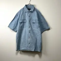 デニム調　半袖シャツ　LLサイズ　ダブルポケット　ブルー