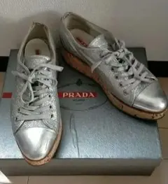プラダ PRADA ロゴ レースアップ シューズ シルバー ローファー 38