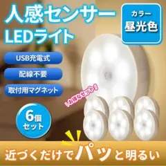 人感センサーライト　LED　充電式　自動点灯　USB　昼白色　昼光色　磁石 6個