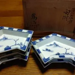 染付山水画 岡本為治作 清水焼5客