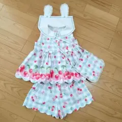 ハンドメイド チェリーチェック柄 うさ耳付きセットアップ＆ポシェットセット