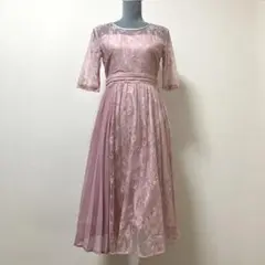 プールヴー　ロングワンピース　ドレス　ピンク　レース　プリーツ　結婚式　二次会