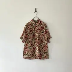 古着 日本製 総柄シャツ アート 花柄 レトロ 半袖 薔薇 フリーサイズ ピンク