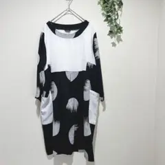 【Buddha】ドット柄七分袖カットソーワンピース　M〜Lサイズ　ポケットあり