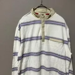 Ranald ノーカラーハーフジップポロシャツ(M) ホワイトボーダー柄コットン