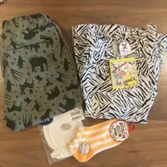 女の子ゼブラ柄ワンピース、長ズボン95 ガーゼミトン、靴下　おまけ　新品