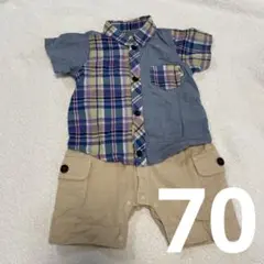 半袖ロンパース　青系チェック　70