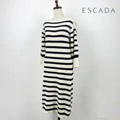 ESCADA ラムウール ボーダーニットワンピース 七分袖 白黒 M*NB172