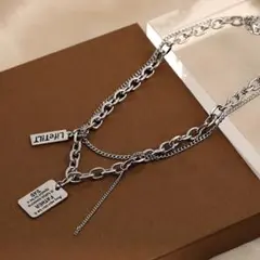 【新品】アクセサリー　ネックレス　シルバー　ダブルチェーン　ロゴ　韓国