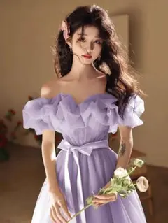 新品✨️優しいラベンダーのふんわりロングドレス✨️オフショルダー フェミニン