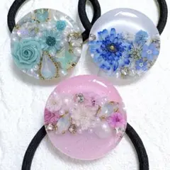 ⑦⑧レジンヘアゴム。3個セット。スターフラワー。樹脂粘土薔薇。忘れな草。かすみ草