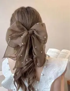【完売色】ブラウンシフォン リボン ヘアアクセサリー ヘアクリップ 大きめ