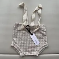 ワンモアインザファミリー ベージュ チェック柄 ショートパンツ サロペット