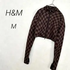 H&M ショート丈ジャケット　ジップアップ　ブラウン　ダイヤ柄　クロップド丈