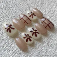 お花ネイル　ニュアンスネイル　ブラウンネイル　チェックネイル　ガーリーネイル