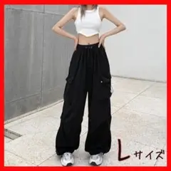 【新品】カーゴパンツ 黒 L カーゴパンツ ブラック ストリート ゴム紐 ダンス
