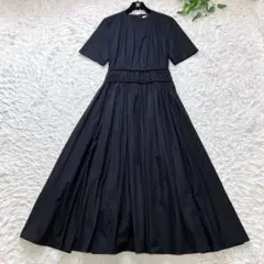 極美品 エブール コットンタイプライターウエストギャザーワンピース ロング丈 黒