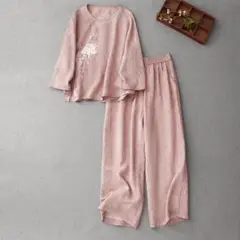 2点 セット 上下 刺繍 ブラウス 大きいサイズ ワイドパンツ シンプル
