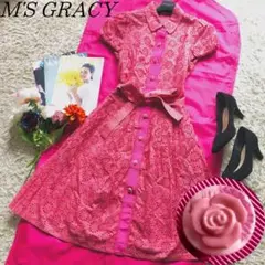 【良品】M'S GRACY コットンレースワンピース ピンク バラ リボン 40
