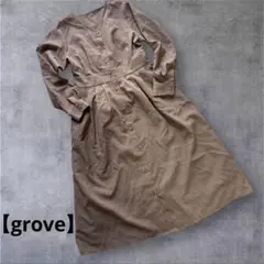 【grove】ベージュ 長袖 シャツワンピースＡラインＬサイズ　シンプル