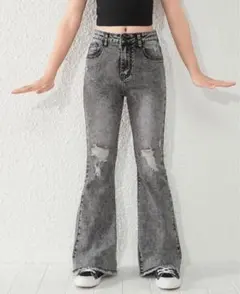 SHEIN シーイン フレアジーンズ フリンジ裾　ダメージ加工　ダークグレー