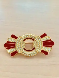 ヴィンテージ ブローチ ゴールド　ビジュー 赤 ボーダー レトロ コスチューム