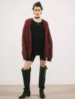 MOHAIR SHAGGY V NECK CARDIGAN WINE