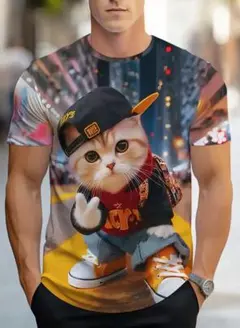 ☆FJ☆ 街中で話題のユニーク 猫Tシャツ ヤカラ風やんちゃ猫編 3Dプリント