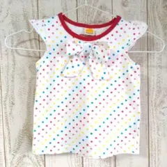 100cm 綿100%　リボン　水玉　ドット　フリルスリーブ　Tシャツ　女の子
