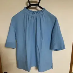 水色 フリルネック 半袖シャツ