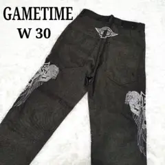 GAMETIME スカル 十字架 ブラック ワイド デニム バギーパンツ 刺繍
