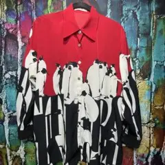 YUKIE Y レア ペンギン柄 総柄シャツ レッド アート調 オーバーサイズ