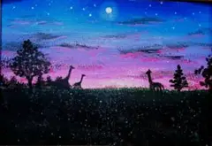 月夜のサバンナ　A5サイズフレーム入り　原画　手描き風景画　アクリル画　キリン