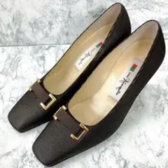美品 銀座かねまつ スクエアトゥパンプス ブラウン 23cm Kanematsu
