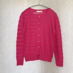 美品✦Saloon ニットカーディガン M ピンクボーダー 透け感 冷房対策