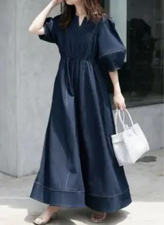 ほぼ新品 ナチュラルクチュール ランタンスリーブ デニムワンピース M