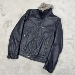 バーバリーブラックレーベル ネイビー ライダースジャケット ファー付き M