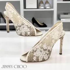 未使用 ジミーチュウ レース レザー 花柄 オープントゥ パンプス ホワイト
