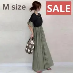 プリーツワンピース M ブラック カーキ フリル 体型カバー 夏 秋 SALE