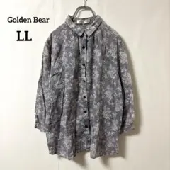ゴールデンベア【LL】7分袖ブラウス 総柄 花柄 麻53% グレー