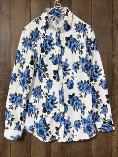 長袖シャツ　ホワイト×ブルー　花柄　総柄　お兄系　Mサイズ