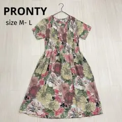 ◆ PRONTY 花柄　半袖　ギャザー　ワンピース　膝丈　レトロ　昭和　M-L