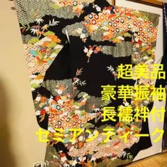 超美品 豪華 振袖 成人式 着物 正絹 長襦袢付き 黒 赤 セミアンティーク