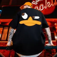 メンズ 半袖 Tシャツ アヒル キャラ バックプリント ブラック 夏 おしゃれ