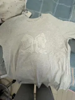レース 刺繍 リボン プリント 半袖 丸首Tシャツ