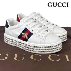 ★極美品★GUCCI グッチ スニーカー 厚底 クリスタル ビジュー ビー 白