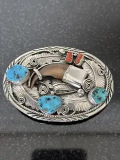 NAVAJO ナバホ GW ベアクロー ターコイズ コーラル装飾 ベルトバックル ナバホベアポート ベルトバックル（ターコイズ、コーラル