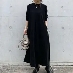 レディース マキシ丈 ロングワンピース ブラック 韓国 長袖 モノトーン