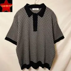 【monkey time】 サマーニットポロシャツ ジャガード柄 白黒 S