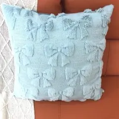 リボン 刺繍 クッションカバー 45×45cm ブルー ファンシー